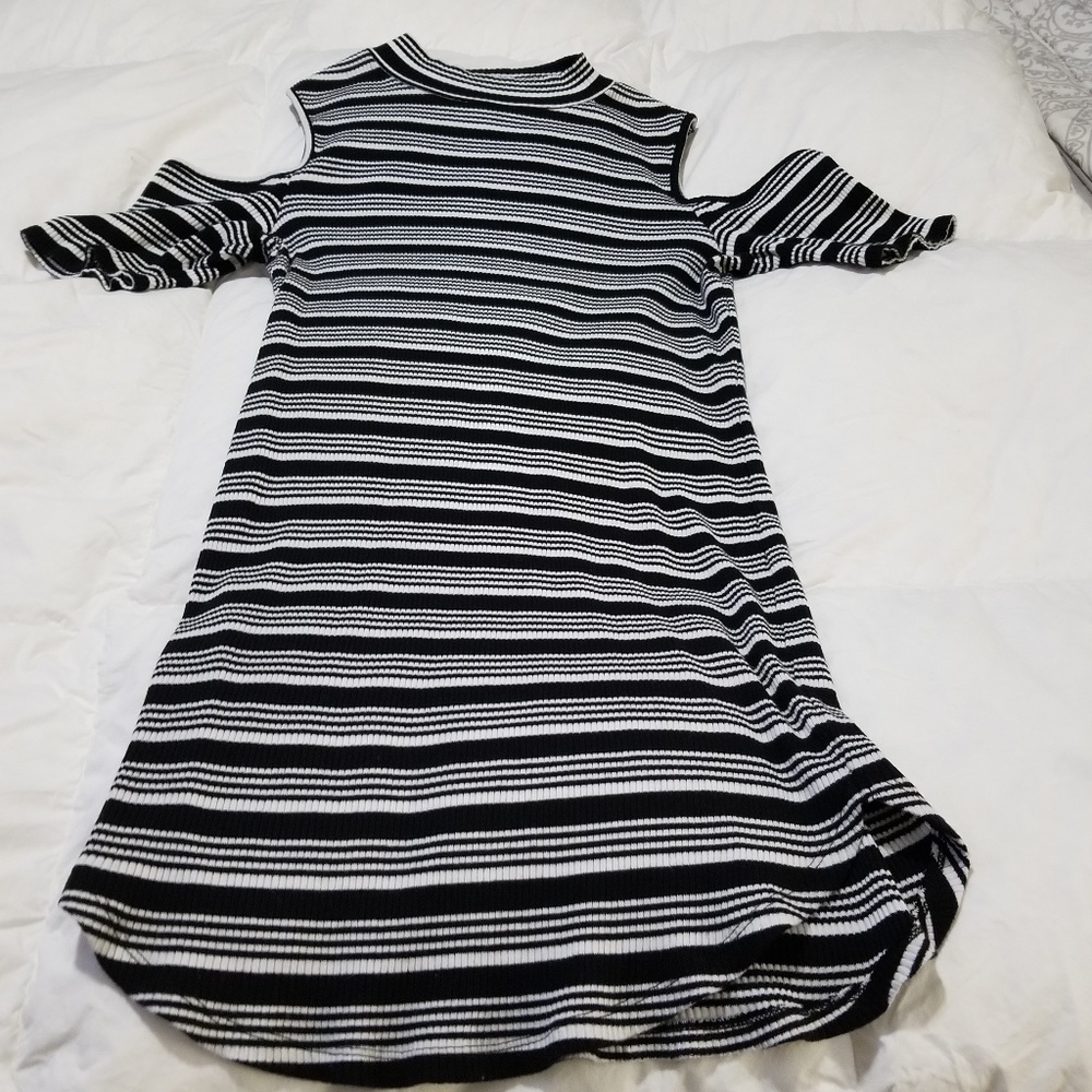 Black and White Stripe Cold Shoulder Sweater Dress